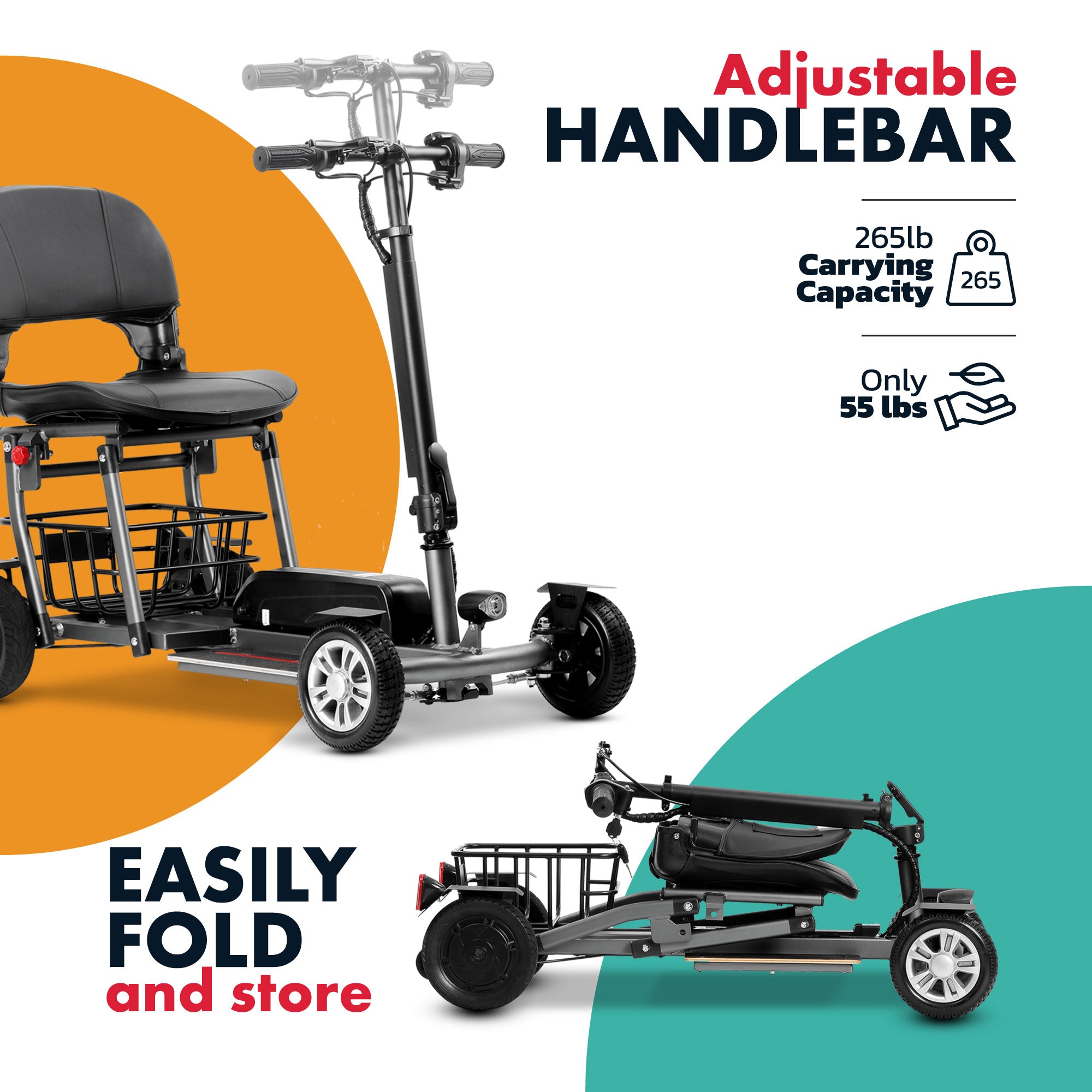 Rubicon FX04 - Compact, Portable, Lightweight Foldable Mobility Scooter for Seniors & Disabled Adults | 4-Wheel, Detachable Lithium Battery