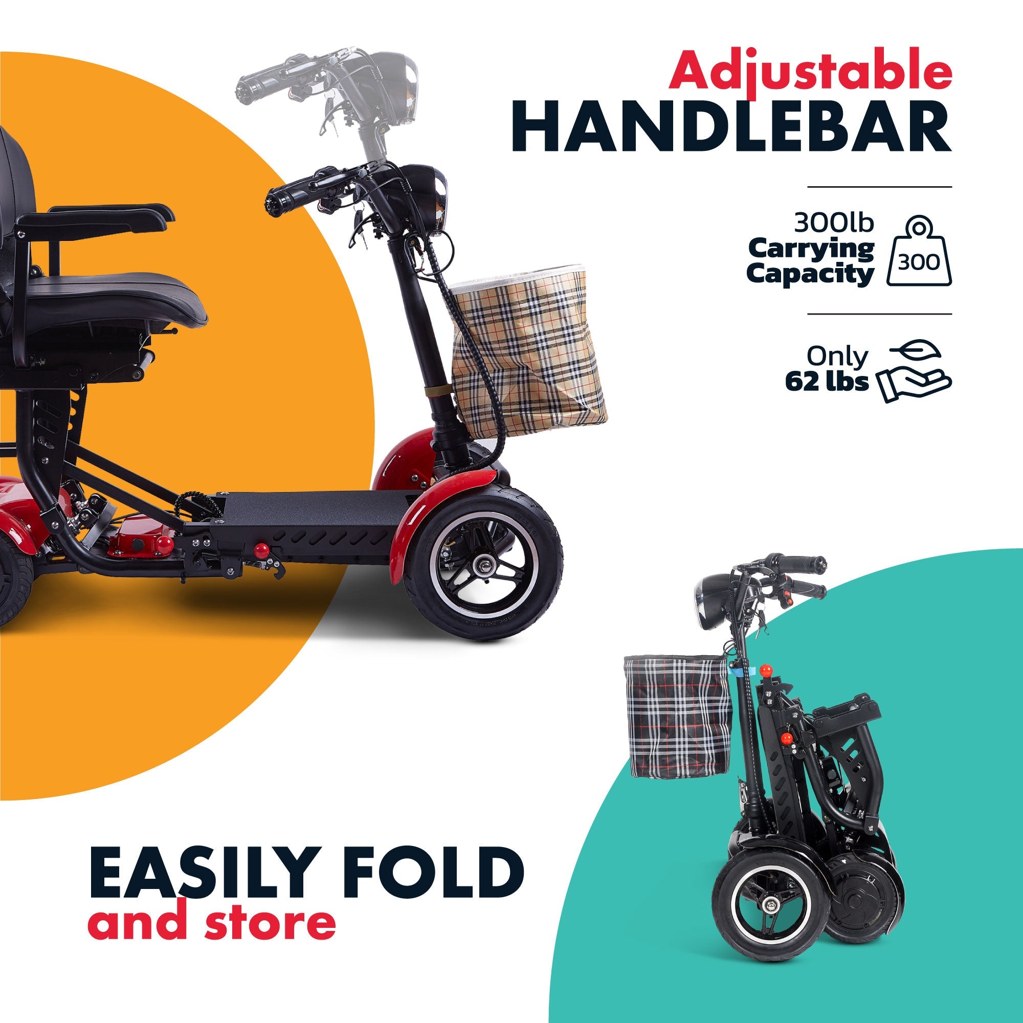 Rubicon FX03 - All Terrain, 4-Wheel, Foldable Mobility Scooter with Basket for Seniors | 3-Speed, 25-Mile Range | Lightweight Disability Scooter